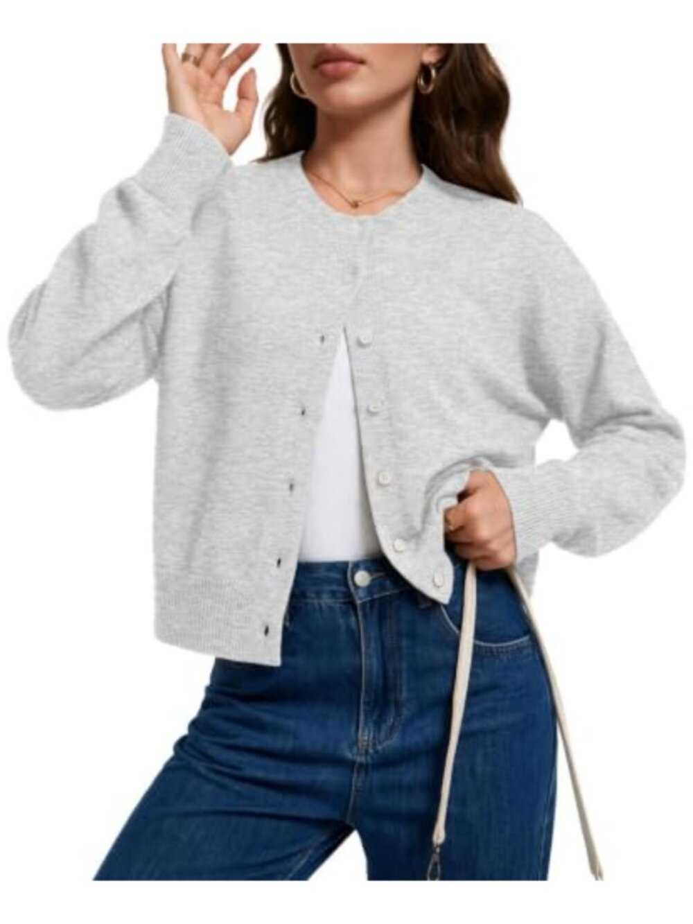 Cropped Knit Cardigan Crew Neck Button Up Womens Sweater